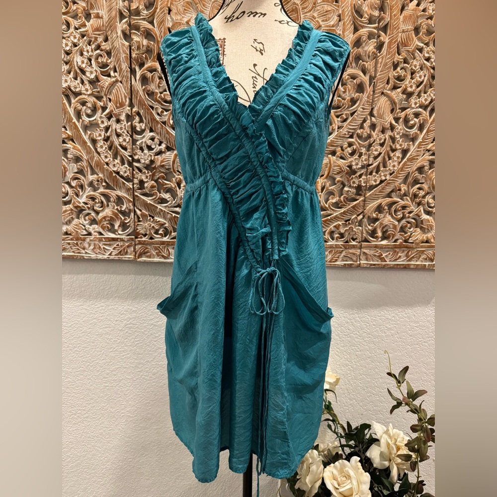 Nanette Lepore Teal Blue 100% Silk Lightweight Ruched Front Mini Dress- size 6